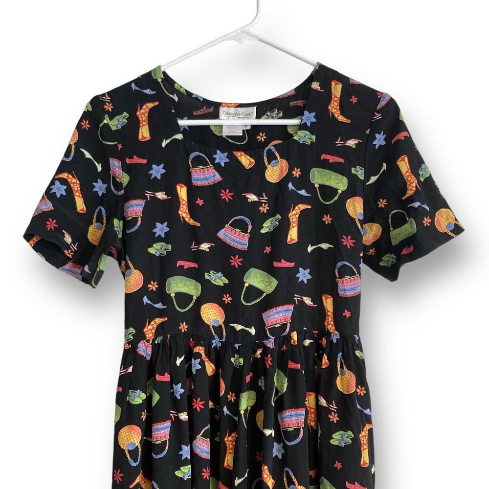 Vintage Y2K Coldwater Creek Black A-Line Dress Whimsical Print Sz Small Rayon - Picture 6 of 16